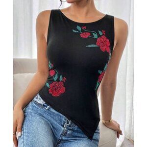 Black Asymmetrical Handkerchief Bottom Tank Top with Floral Rhinestones Sz SM